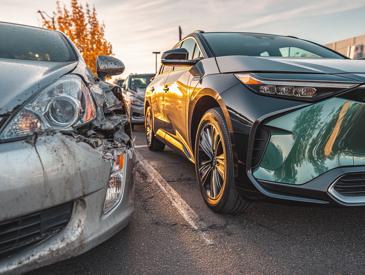 Dynamic automotive photo showing two cars side-by-side. On the left, a rusty, beat-up 2008 silver Toyota Prius with dents and a slightly faded bumper. On the right, a brand new, gleaming, dark green electric SUV like a Rivian R1S. The shot is at a low angle, emphasizing the contrast. The scene is a clean dealership lot during golden hour. --ar 4:3 --raw --v 7 Job ID: 8326b813-e192-4e30-8a7e-1d9d0ff65b68